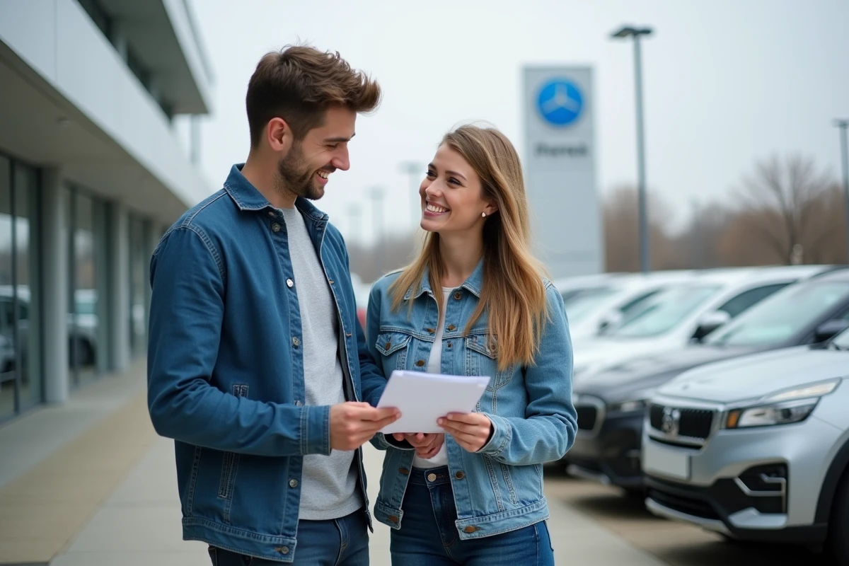Jeune couple regardant des voitures neuves devant un concessionnaire