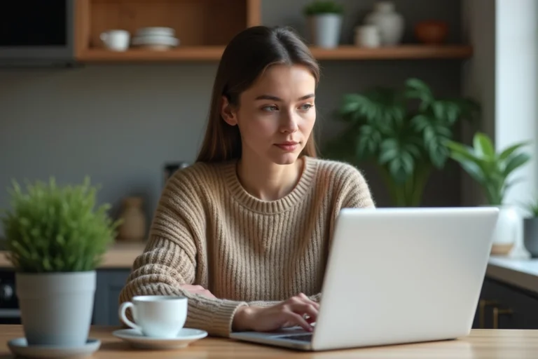 Femme professionnelle met à jour son CV en cuisine