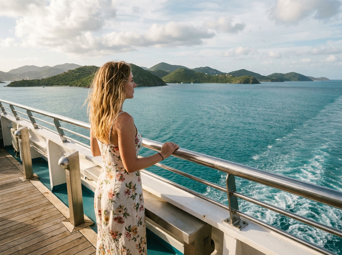 Jeune femme regardant les îles depuis le pont du bateau de croisière