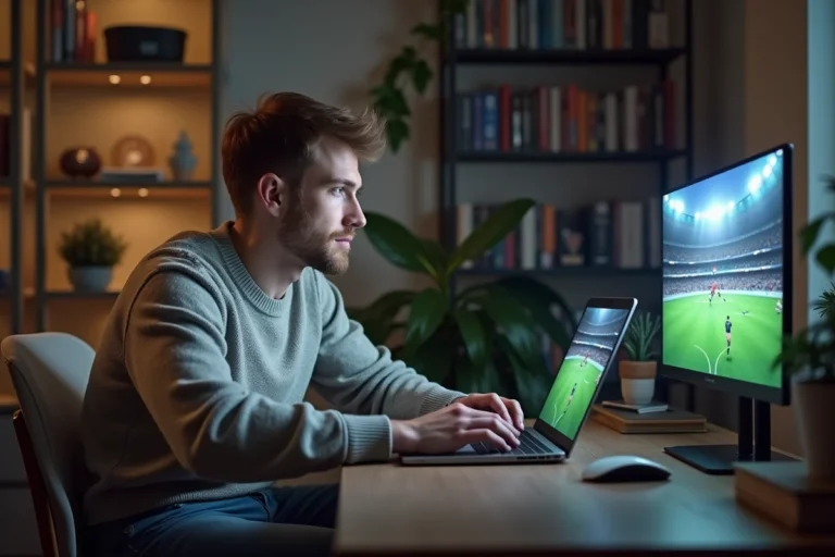Jeune homme regardant un match de football sur son ordinateur
