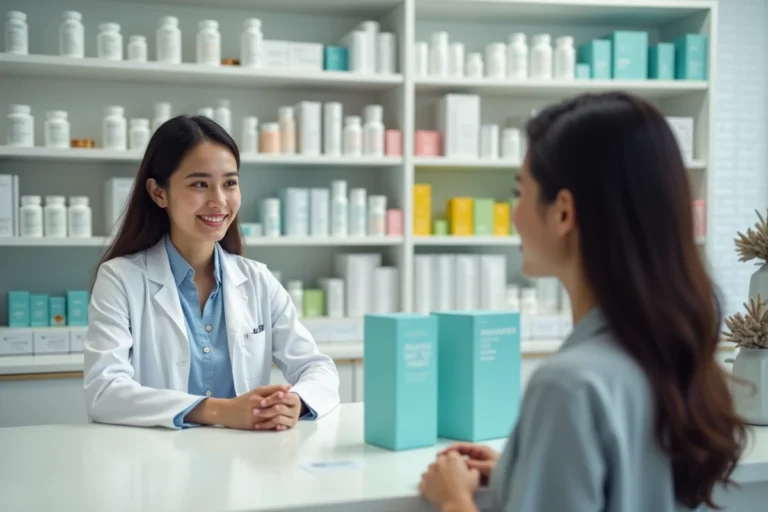 Jeune femme parapharmacienne en blouse blanche conseillant un client derrière un comptoir de parapharmacie moderne