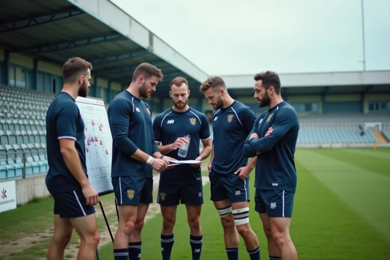 Joueurs de rugby Nationale 2 étudiant les stratégies lors d'un entraînement en vue de la saison 2026