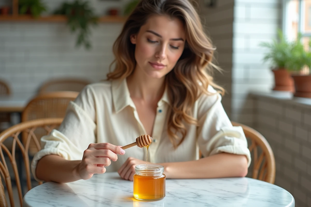 Jeune femme versant du miel dans un café parisien branché, illustrant la tendance leak miel sur les réseaux sociaux