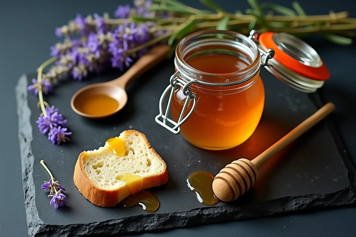 Flat lay artisanal avec un pot de miel brut, rayon de miel, pain au levain et lavande sur ardoise sombre, tendance leak miel