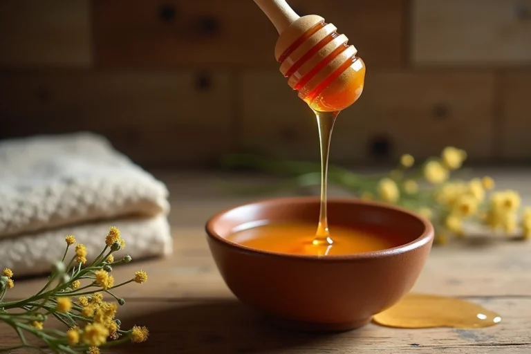 Gros plan sur du miel brut qui s'écoule d'un bâton de miel en bois au-dessus d'un bol en céramique rustique, tendance leak miel