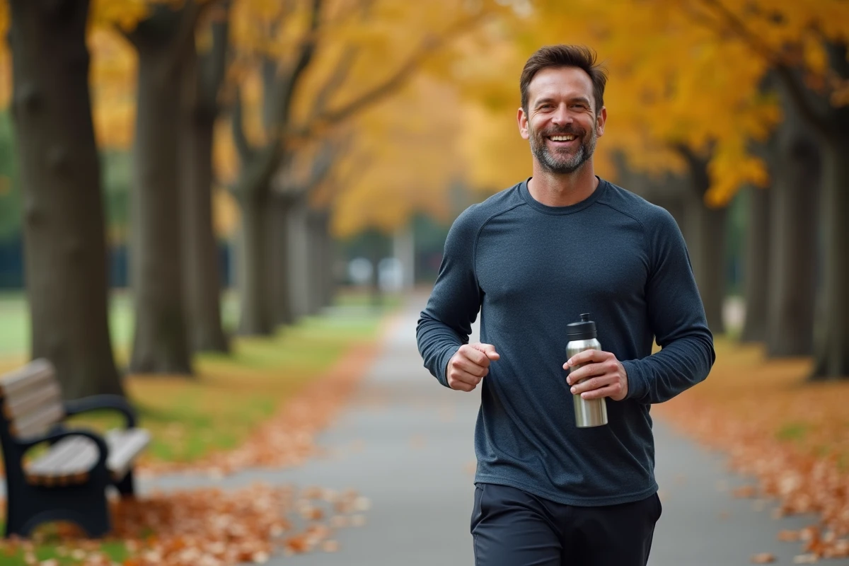 Homme marchant dans un parc en automne pour prendre soin de sa santé et améliorer son bien-être au quotidien