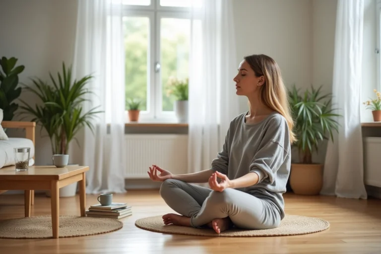 Femme pratiquant la méditation dans un salon minimaliste scandinave pour améliorer son bien-être quotidien