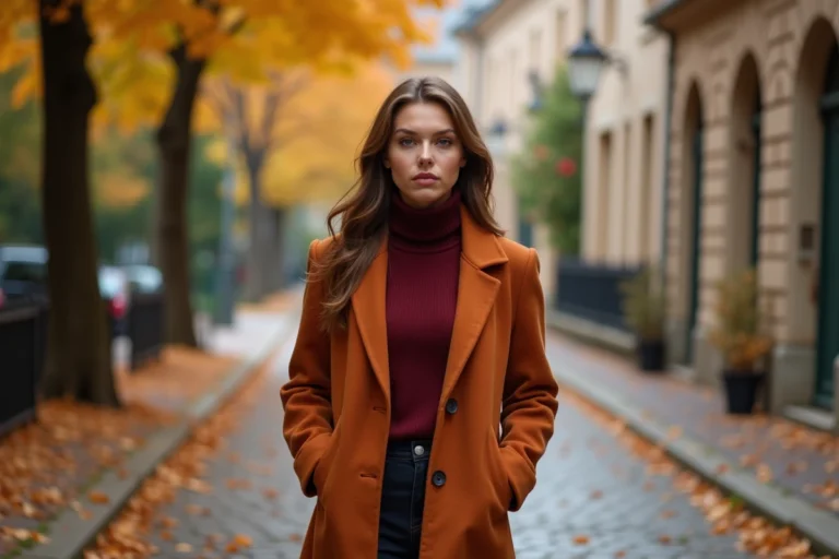 Femme portant un manteau rouille et un pull bordeaux dans une rue pavée aux couleurs automnales 2025