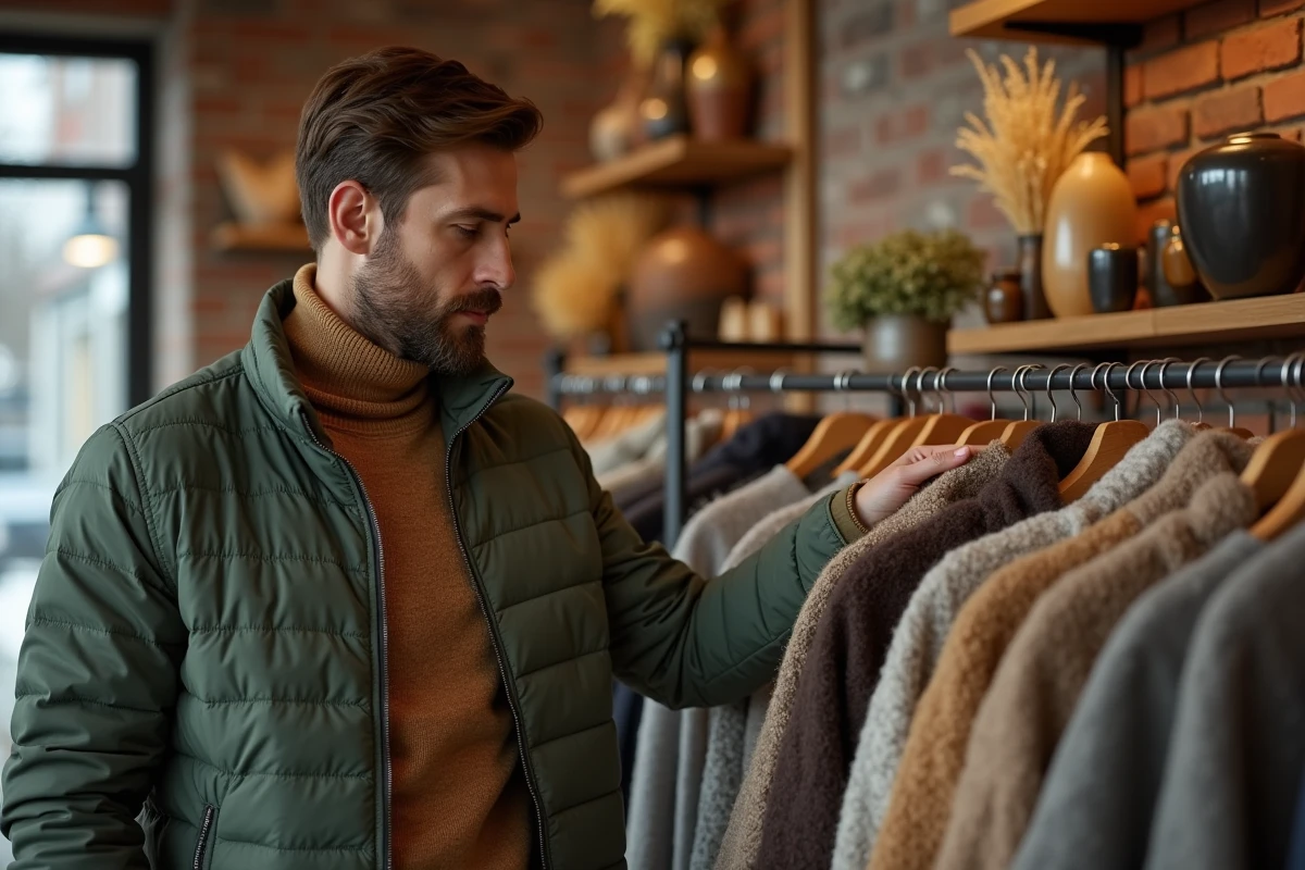 Homme en veste verte sauge et pull camel dans une boutique de mode hivernale aux tons terre