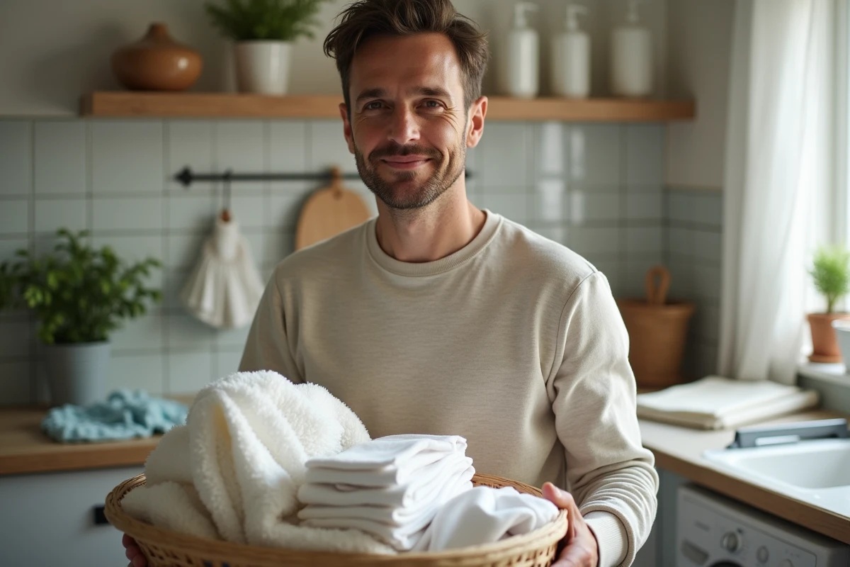 Père pliant des lingettes réutilisables dans la buanderie