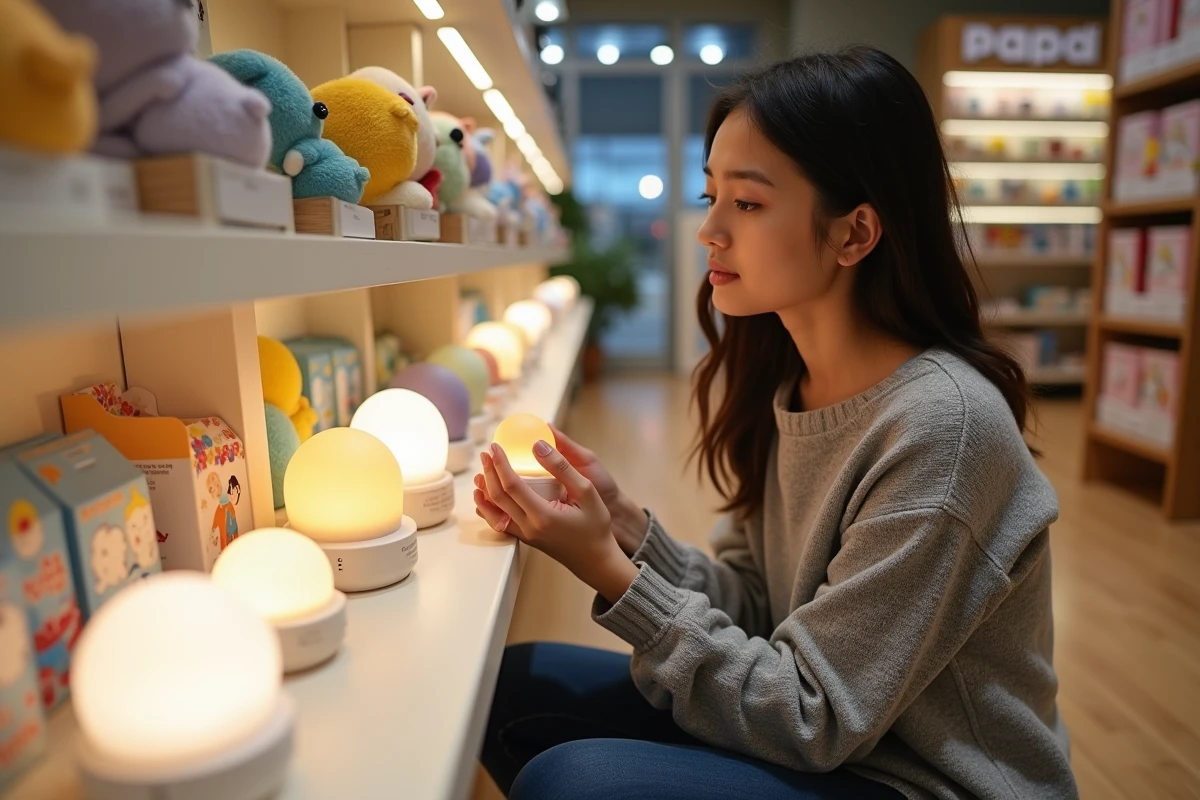 Une mère examine une veilleuse en forme de champignon dans un magasin spécialisé pour bébés