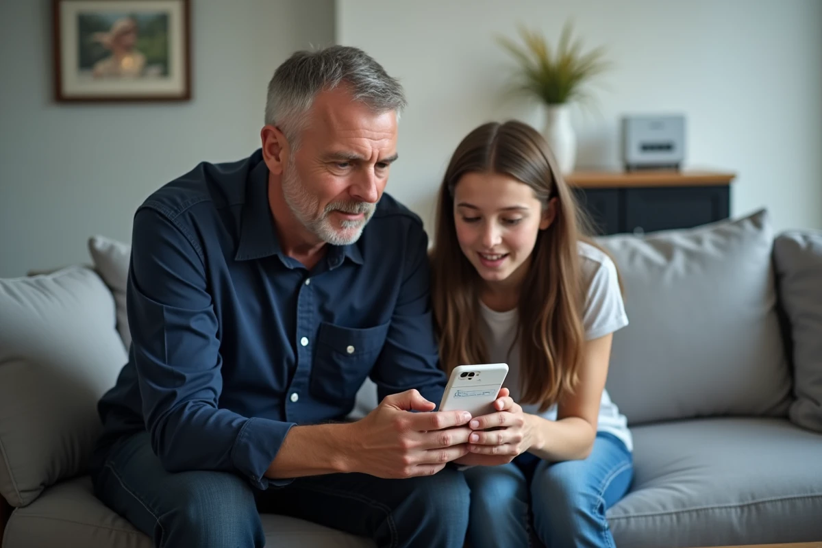 Père partageant le mot de passe wifi Bbox avec sa fille sur smartphone
