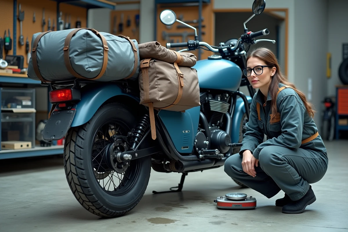 Mécanicienne mesurant le poids d'un side-car chargé de bagages dans un garage urbain avec une balance sous l'essieu