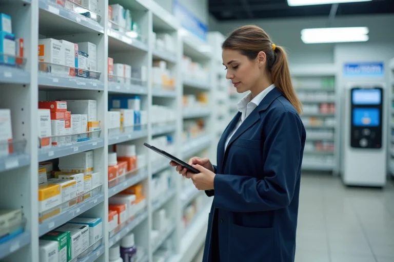Pharmacienne vérifiant l'inventaire sur une tablette moderne