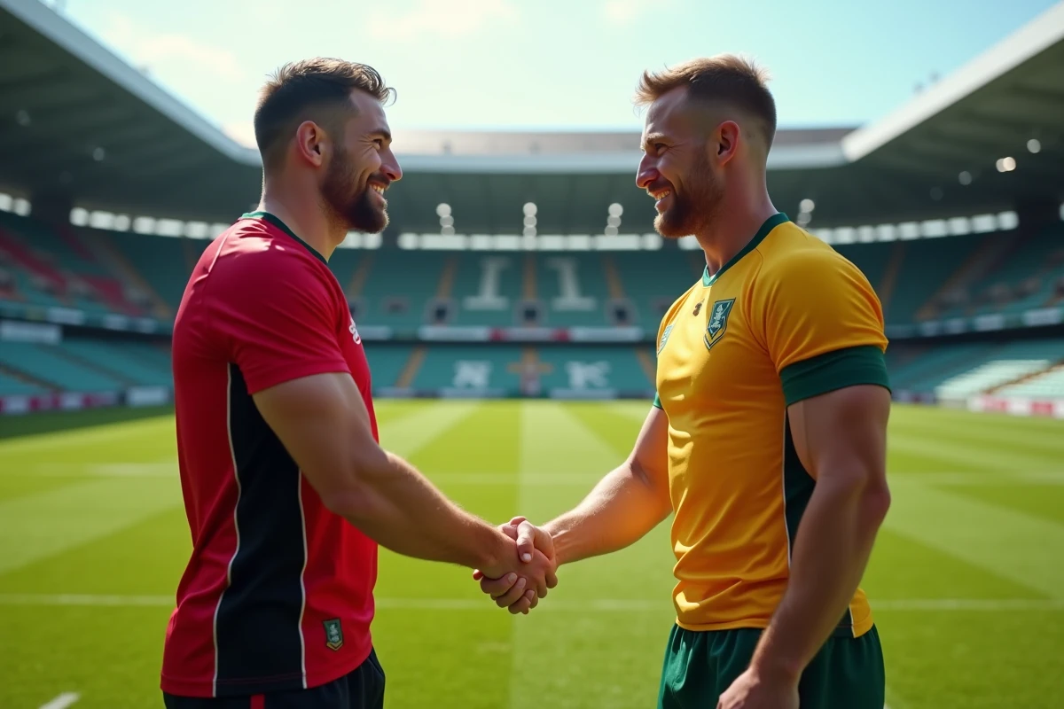 Deux joueurs de rugby de Nationale 2 se serrant la main au centre du terrain après un match de transfert interclub