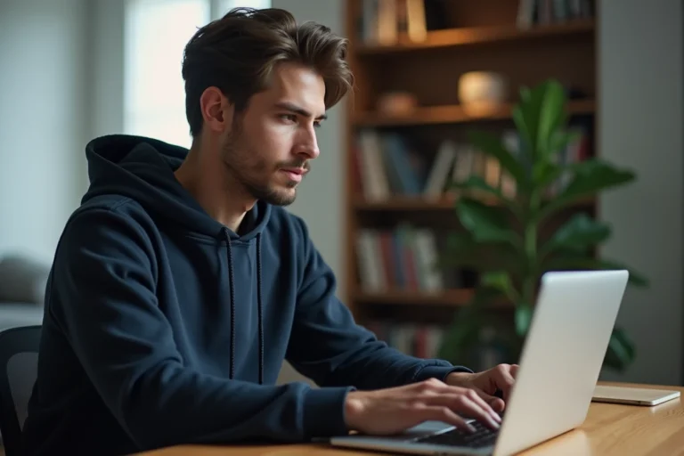 Homme comparant les prix d'un service de téléchargement premium sur son ordinateur portable à son bureau à domicile