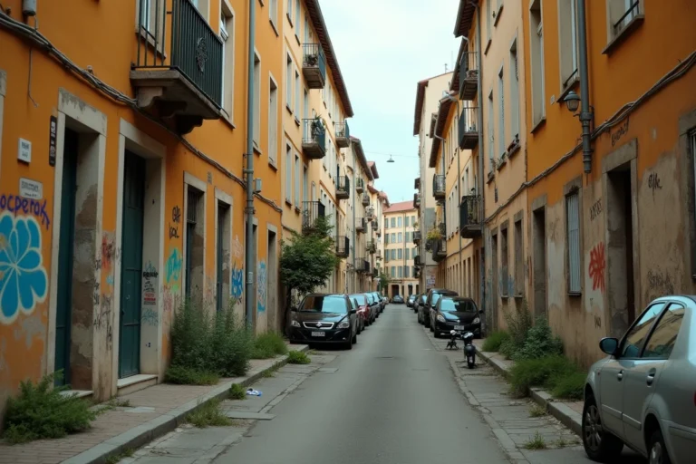 Rue étroite et dégradée dans un quartier populaire du 9ème arrondissement de Marseille avec facades abîmées et graffitis