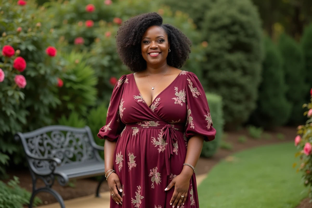 Femme afro-américaine élégante en robe bordeaux dans un jardin fleuri, portrait inspirant illustrant le parcours et la personnalité de Rebecca King Crews