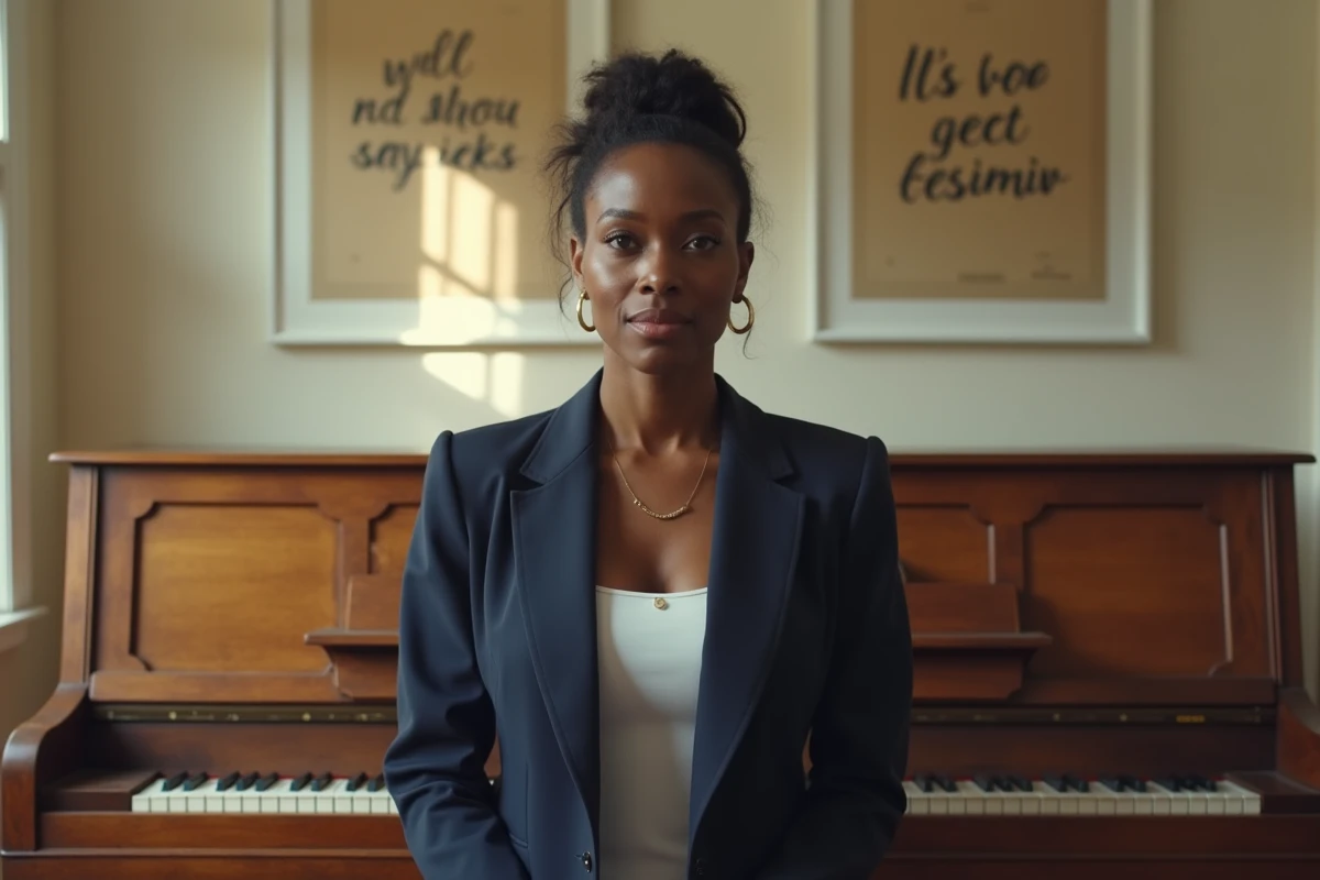Femme afro-américaine distinguée assise devant un piano vintage dans un salon raffiné, évoquant les talents musicaux et le parcours inspirant de Rebecca King Crews