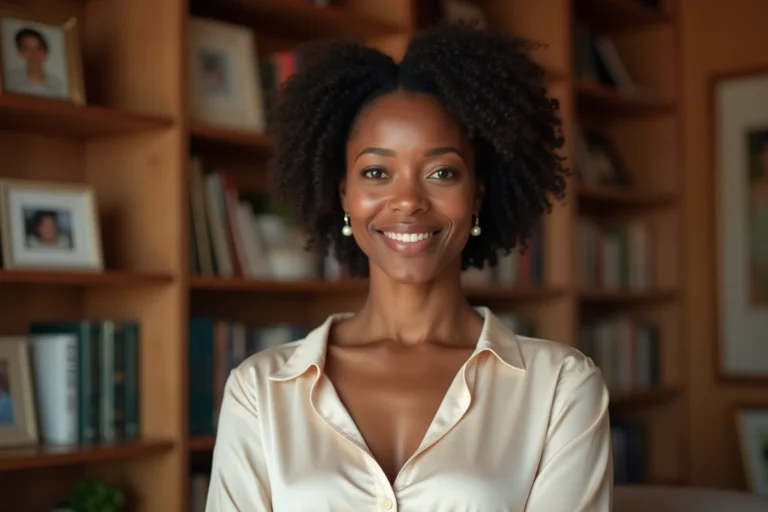 Portrait d'une femme afro-américaine élégante et confiante dans une bibliothèque familiale chaleureuse, symbolisant l'héritage et l'inspiration de Rebecca King Crews