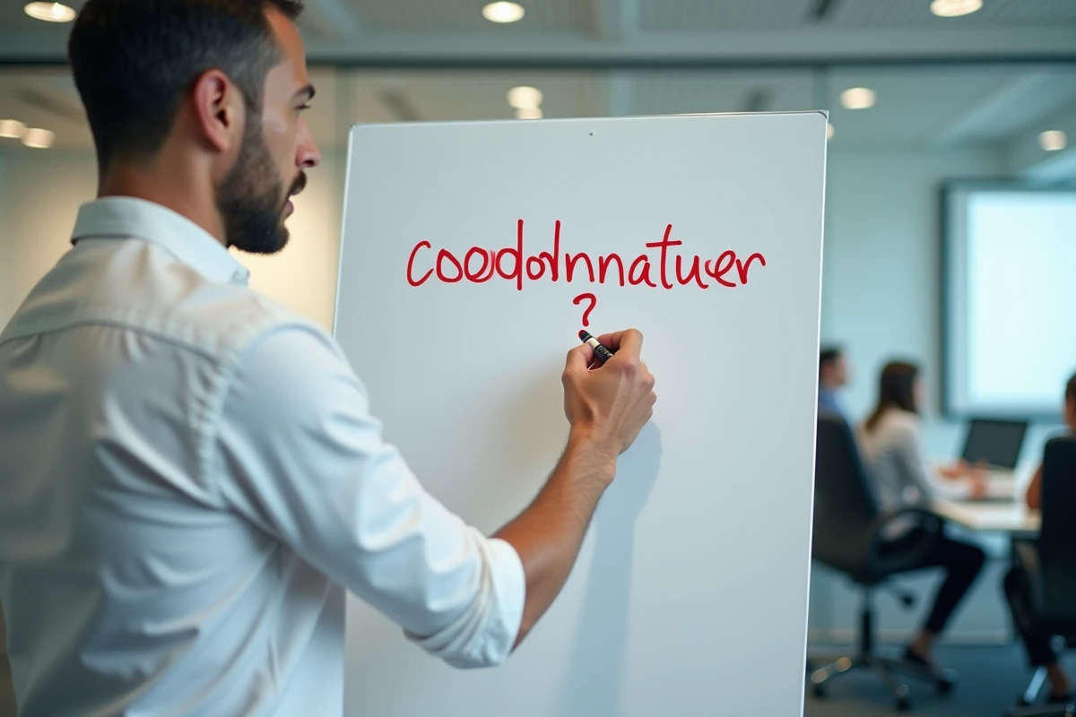 Homme d'affaires écrivant les termes coordinateur et coordonnateur côte à côte sur un tableau blanc lors d'une réunion d'équipe