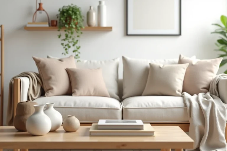 Salon moderne avec décoration scandinave, canapé en lin beige, table basse en chêne et plantes vertes pour un intérieur tendance