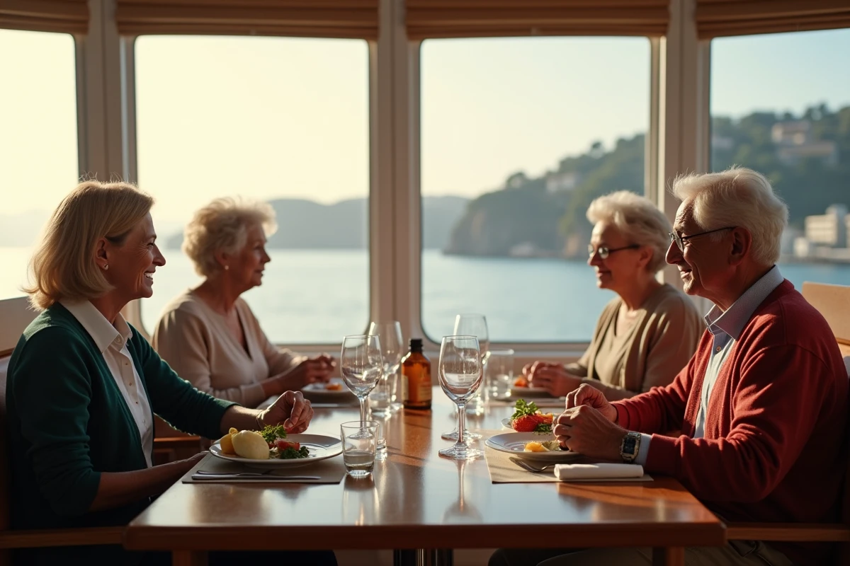Trois seniors en conversation dans un salon de croisiere