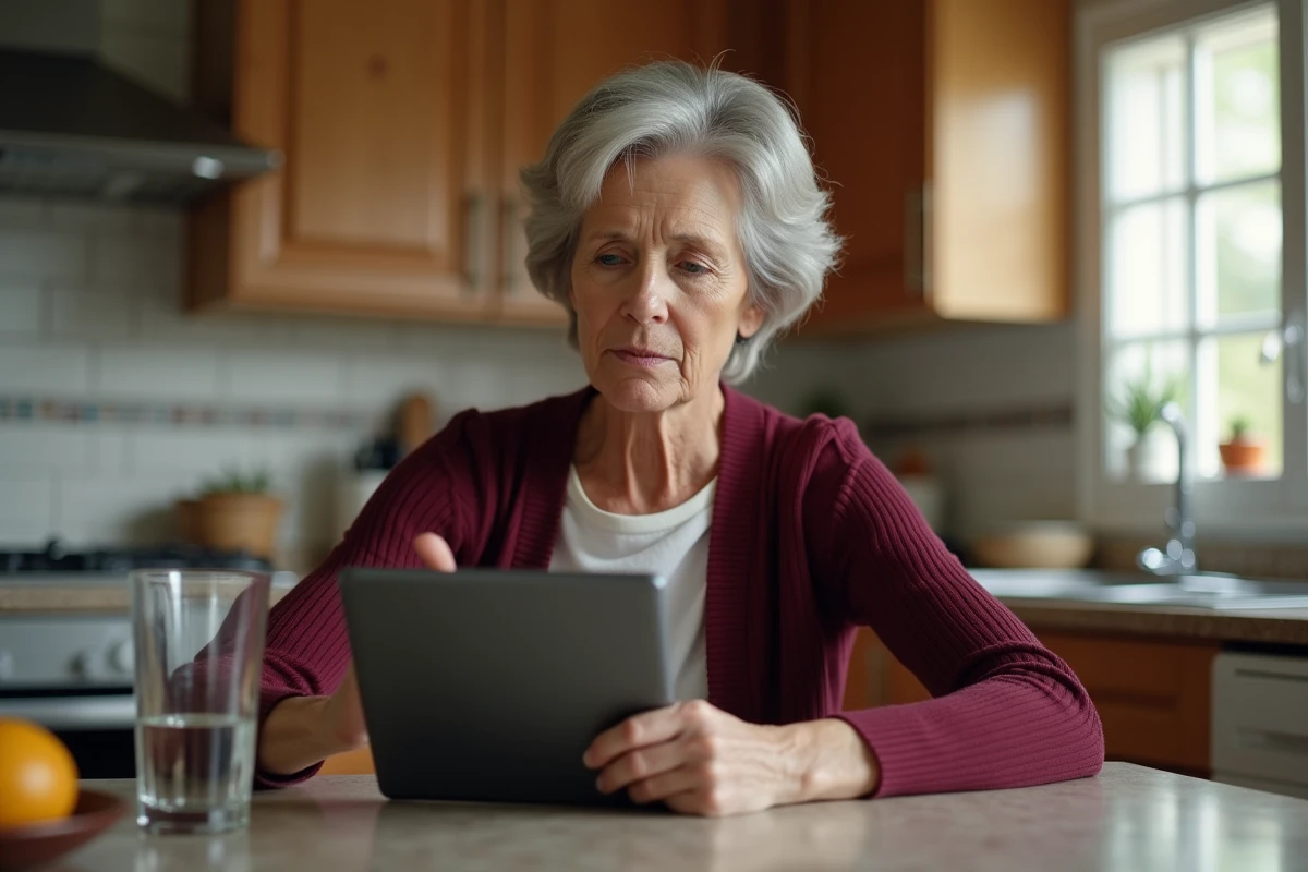 Femme senior suivant un tutoriel informatique sur une tablette dans sa cuisine pour apprendre à utiliser Internet au quotidien