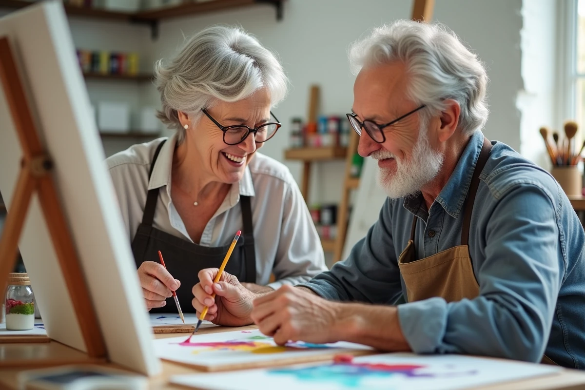 Deux seniors participant à un atelier de peinture dans un club dédié, partageant un moment de complicité artistique