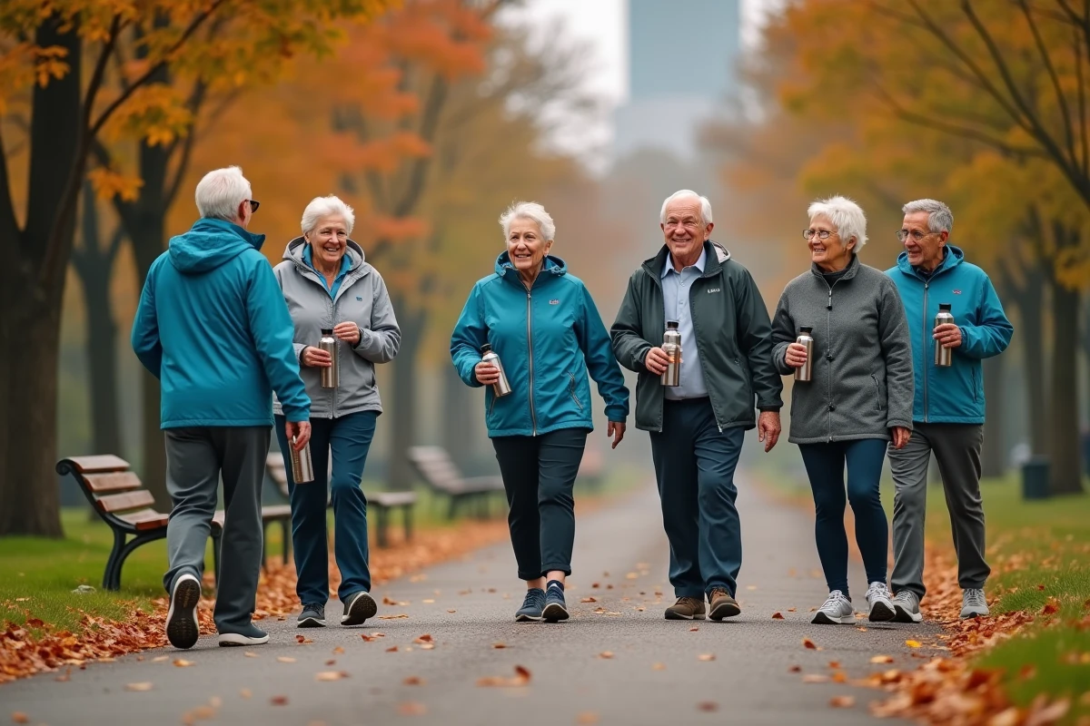 Groupe de seniors réunis pour une marche en plein air dans le cadre d'un club dédié aux personnes âgées