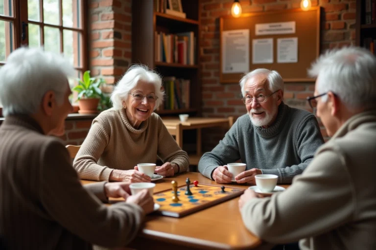 Groupe de seniors réunis autour d'une table dans un club de loisirs pour rompre la solitude et tisser des liens