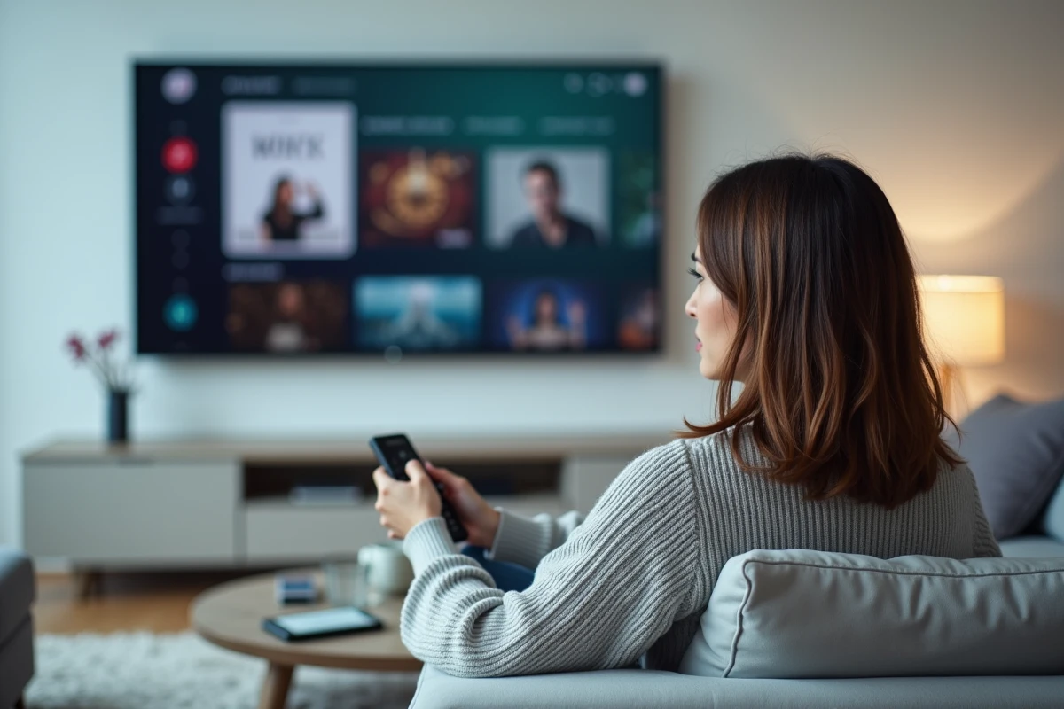 Femme utilisant un service de streaming débridé sur sa télévision dans son salon moderne