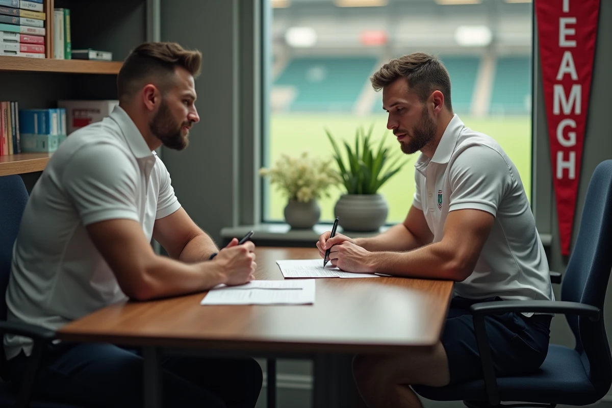 Signature d'un contrat de transfert de joueur de rugby en Nationale 2 dans un bureau de club