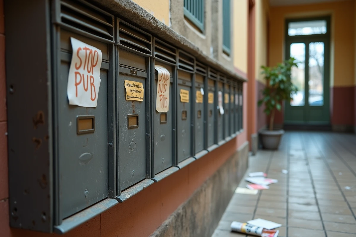 Boîtes aux lettres françaises avec autocollants Stop Pub et prospectus publicitaires refusés au sol