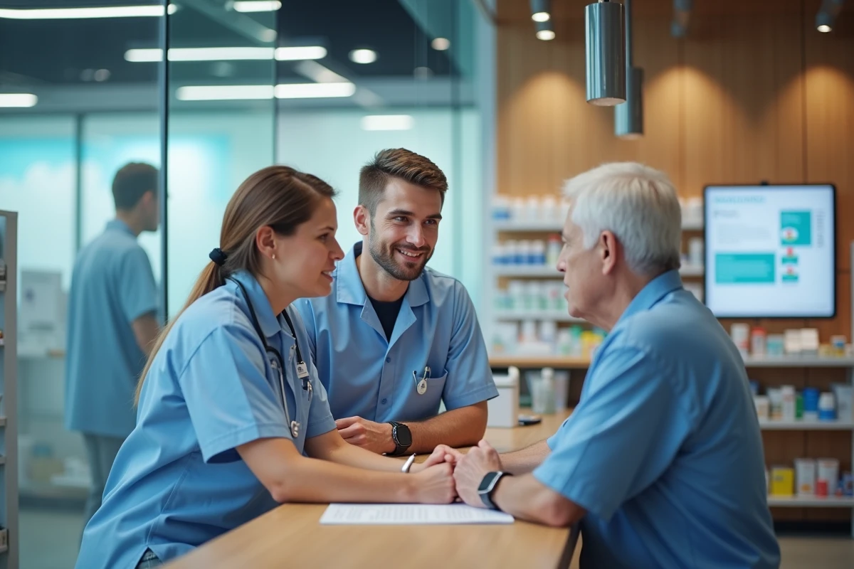 Jeune technicien de pharmacie conseillant un client dans un espace moderne