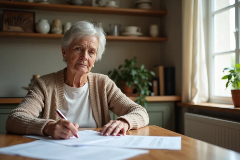 Tutrice familiale examinant des documents administratifs liés à sa rémunération à domicile en France