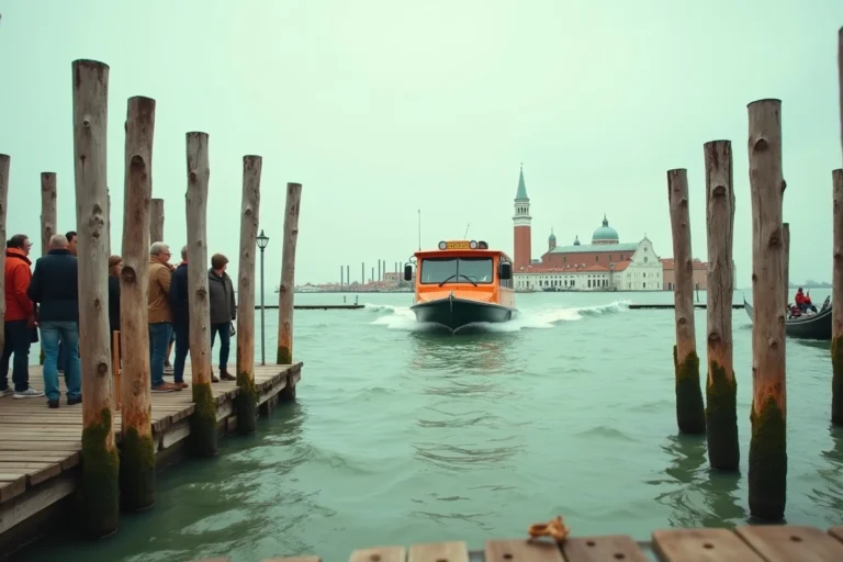 Vaporetto traversant la lagune de Venise en direction de l'île de Murano, avec des touristes attendant sur un ponton en bois