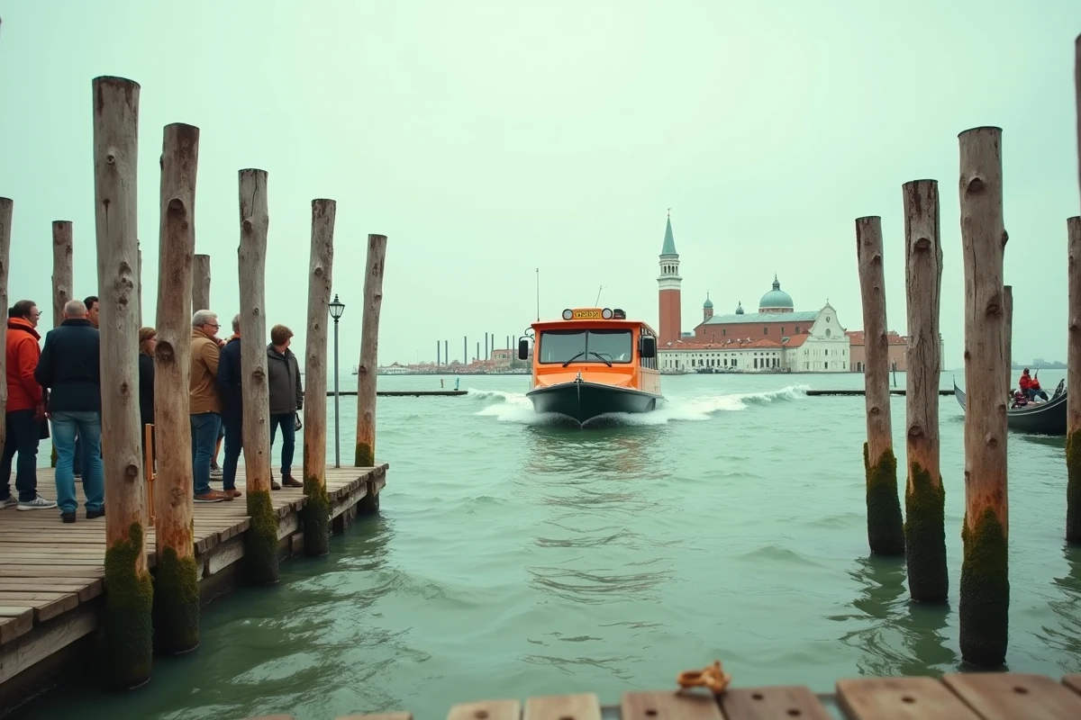 Vaporetto traversant la lagune de Venise en direction de l'île de Murano, avec des touristes attendant sur un ponton en bois