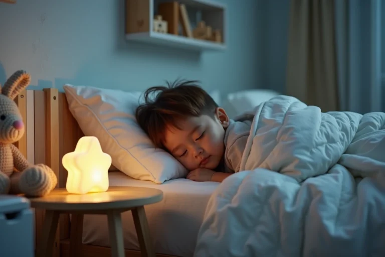Veilleuse étoile posée sur une table de nuit dans une chambre d'enfant décorée en bleu pastel avec un bébé endormi