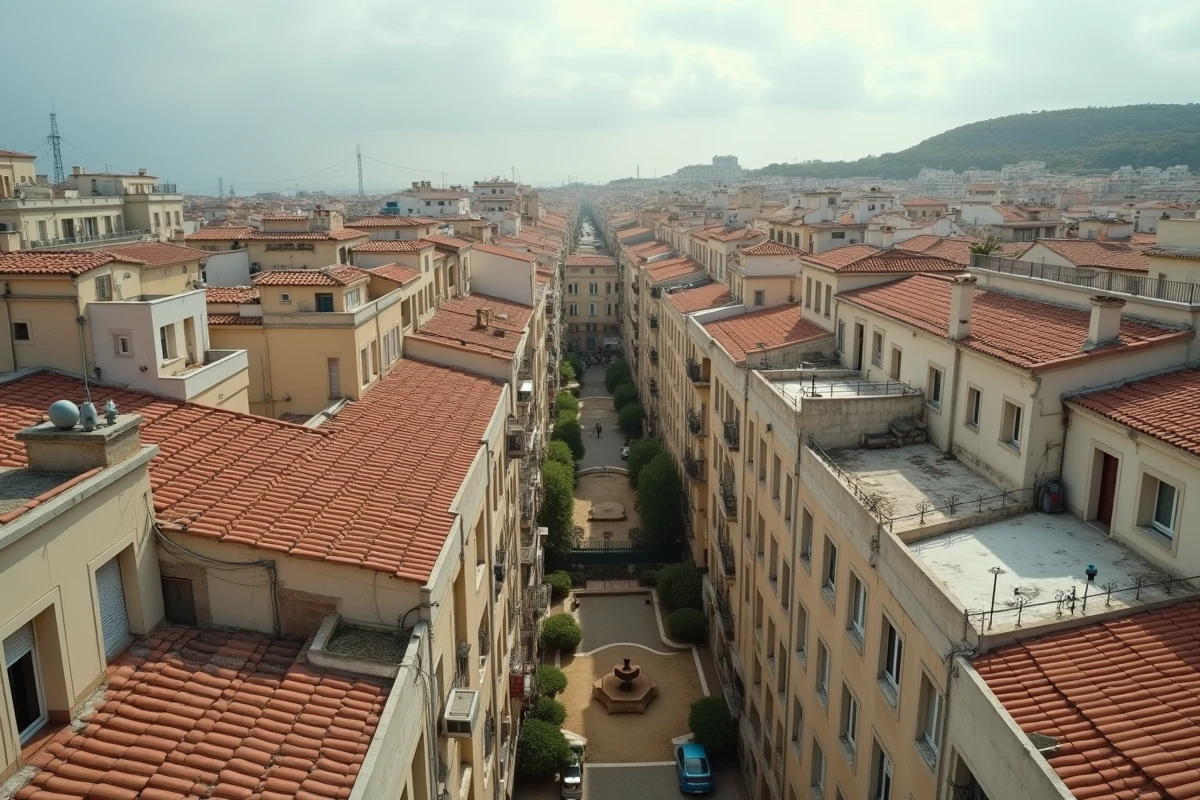 Vue aérienne d'un quartier dense et dégradé du 9ème arrondissement de Marseille avec immeubles et ruelles étroites