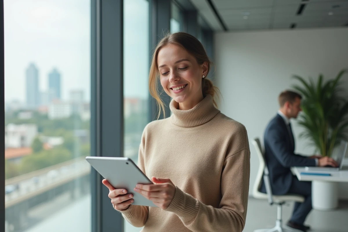 Employée Laforêt consultant son webmail Bluemind sur une tablette dans un bureau moderne
